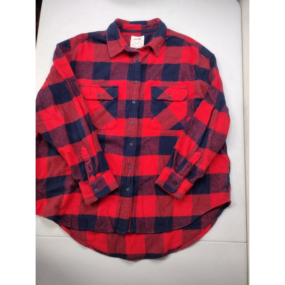 Aerie Womens Red‎ Navy Buffalo Plaid Flannel Button Down Shirt Oversized Medium